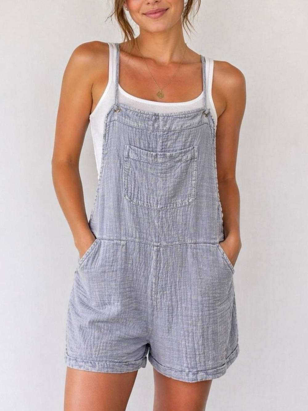 Light Gray Cotton Gauze Short Overalls, size L.